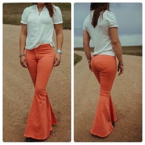 Lucky & Blessed Women's High Rise Coral Flare Jeans